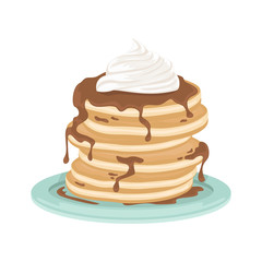 A stack of fried pancakes with whipped cream and chocolate sauce. Delicious breakfast. Cartoon vector illustration.