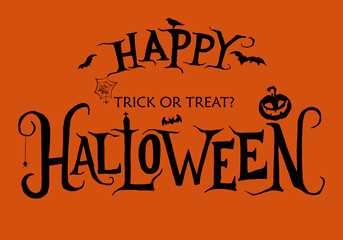 Vector halloween emblem with horror pumpkins ,bats ,spiders on  Orange background. Happy halloween.