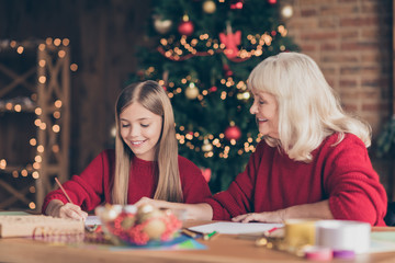 Profile side view portrait of nice attractive cheerful dreamy granny pre-teen grandchild writing letter to Santa Claus North Pole at decorated industrial brick wood loft style lights interior house