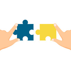 Hands holding jigsaw puzzle. Pieces of puzzle icon vector illustration