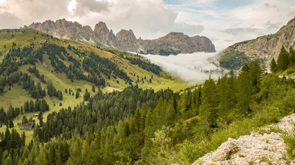 Beautiful and rare panoramic view of Gardena pass (Passo Gardena), Italian Alps, Dolomites...