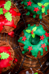 Christmas Pudding Cake in Festive Decoration on Christmas Table