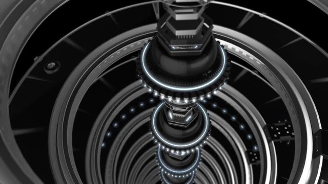 3D animation of details and technologies. Animation. Ultra future technology made of shiny steel for parts and body with neon lights. 3D graphics projecting technologies of future