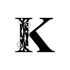 letter K. Black flower letters,  alphabet.  Beautiful capital letter. vector