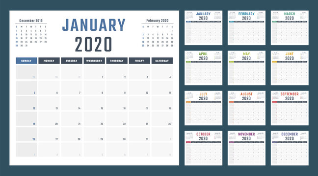 Calendar For 2020 Starts Sunday, Vector Calendar Design 2020 Year