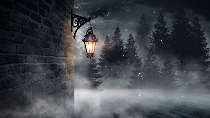 Dark street, a lantern on an old brick wall, a large moon, smoke, smog. Night scene of the old city, dark forest. © MiaStendal