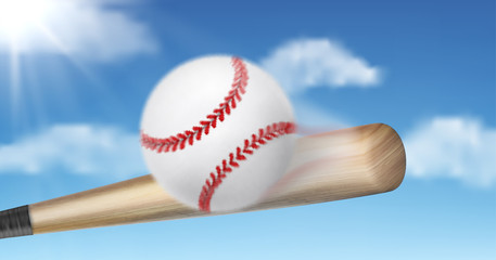 Baseball bat hitting, smashing ball on sunny, blue sky background. Team sport tournament or championship concept design. Outdoor activity, hobby leisure game inventory 3d realistic vector illustration