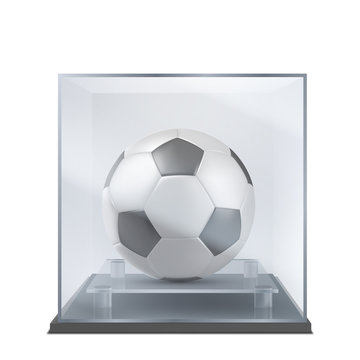 Soccer Ball Under Glass Case. Sport Competition, Championship Trophy Mock-up. Sport History, Football Team Museum Exposition Showpiece 3d Realistic Vector Illustration Isolated On White Background