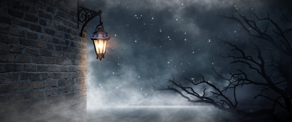 Dark street, a lantern on an old brick wall, a large moon, smoke, smog. Night scene of the old...