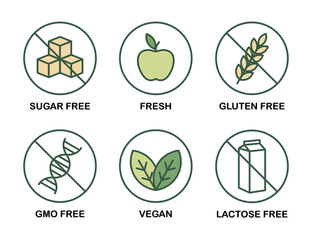 Set of icons: Sugar Free, Gluten Free, Vegan, Lactose Free, GMO Free, Fresh.