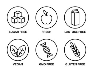 Set of icons: Sugar Free, Gluten Free, Vegan, Lactose Free, GMO Free, Fresh. - obrazy, fototapety, plakaty