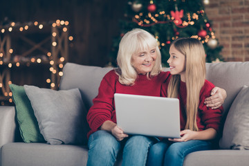 Portrait of nice attractive lovely sweet cheerful cheery granny pre-teen grandchild using laptop...