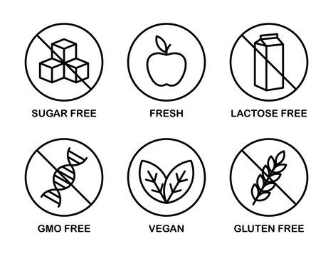 Set of icons: Sugar Free, Gluten Free, Vegan, Lactose Free, GMO Free, Fresh.