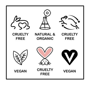 Set of 6 icons-badges: Vegan, Cruelty Free, Organic and Natural.