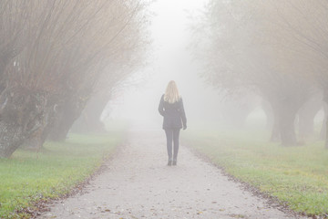 Young blonde woman in black coat walking on asphalt sidewalk through alley of trees in mist. Foggy...