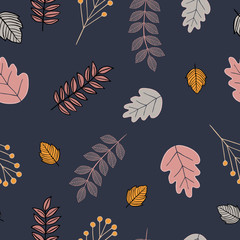 Autumn leaves, various, abstract colors on navy blue background. Vector seamless pattern.