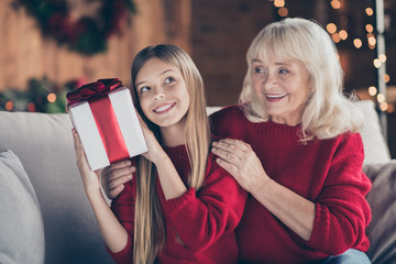 Close-up portrait of nice attractive careful cheerful cheery granny pre-teen grandchild holding in hands festal bow ribbon box congratulation congrats at decorated industrial loft style interior house