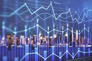 Financial graph on night city scape with tall buildings background double exposure. Analysis...