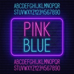 Neon pink and blue fonts. Two glowing, contrasting alphabet for design.