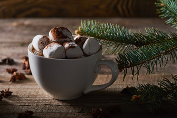 Christmas cacao with marshmallow on wooden table near pine branch