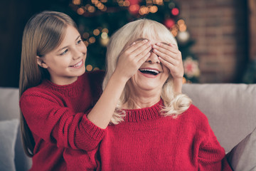 Close-up portrait of nice attractive lovely sweet cheerful cheery grandchild closing granny's eyes...
