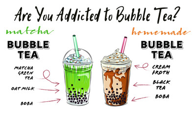 Bubble tea cup design collection, Yummy drinks, soft drinks with doodle style banner, Bubble milk tea ads with delicious tapioca and pearl, bubble tea menu graphic template