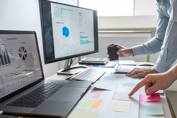 Business team executive presentation on discussion to planning investment financial project and strategy of business making profit conversation with partner