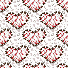 Chestnut hearts, rowan berry hearts , on white background. Vector seamless pattern.