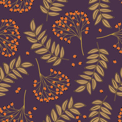 Rowan branches and leaves on violet background. Vector seamless pattern.