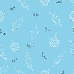 Christmas decorated balls with small pattern and dark branches with berries. Seamless winter background.