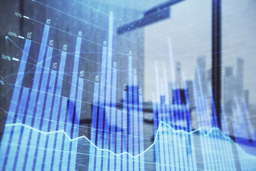 Business theme graph hologram with minimalistic cabinet interior background. Double exposure. Stock market concept.