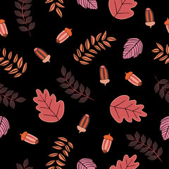 Autumn leaves, oak leaves and acorns, abstract colors on black background. Vector seamless pattern.