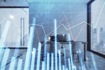 Forex chart hologram with minimalistic cabinet interior background. Double exposure. Stock market concept.