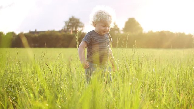 Low Angle Shot Of An Adventurous Toddler Standing In The Middle Of A Field