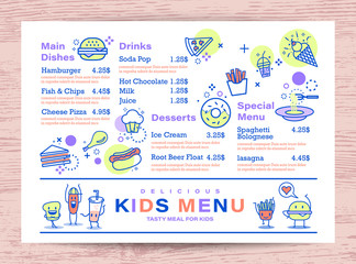 Cute colorful kids meal menu place mat design template. outline food icons on white background.