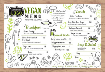 Green organic food, Vegan restaurant menu, board or place mat vector template. Vegetables doodle background.