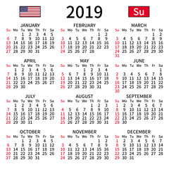 English calendar 2019, Sunday