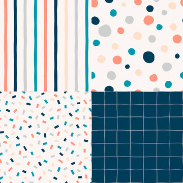 Vertical parallel stripes pattern. Polka dot, circles hand drawn print. Checkered geometrical simple texture. Confetti decorative backdrop. Colourful Abstract seamless designs set.