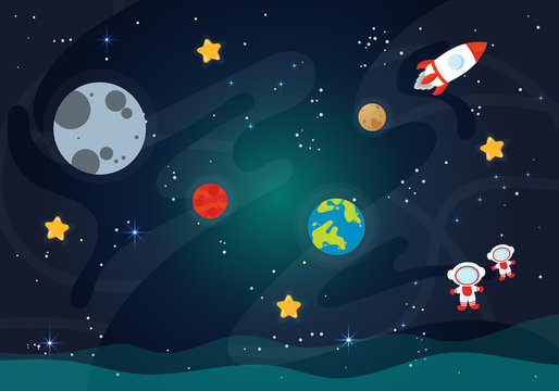 Vector Illustration Of Space. Space flat vector background with rocket, spaceship, moon, Jupiter, satellite, astronaut, planets and stars. 