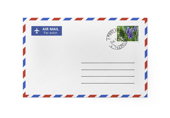 White paper envelope for letter - American Air Mail style with blue and red border. Front side of envelope stamped.