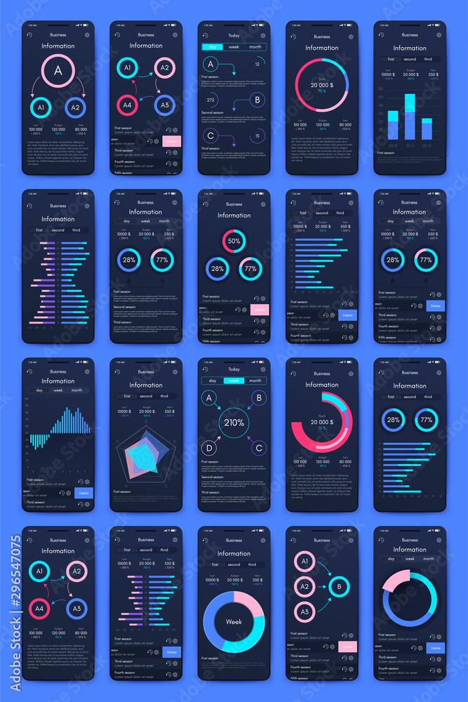 Poster different ui, ux, gui screens and flat web icons for mobile apps