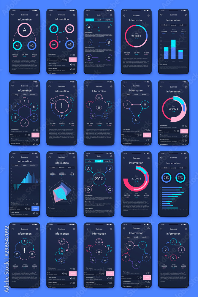 Poster different ui, ux, gui screens and flat web icons for mobile apps