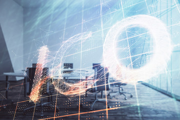 Blockchain theme hologram on conference room background. Double exposure. Concept of cryptocurrency