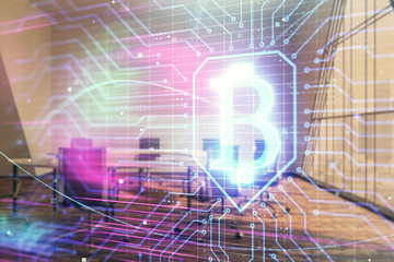 Blockchain theme hologram on conference room background. Double exposure. Concept of cryptocurrency