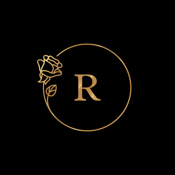 Rose Flower gold logo frame with copy space. Badge and icon in trendy  linear style. Vector Emblem with Rosebud. Stock Vector | Adobe Stock