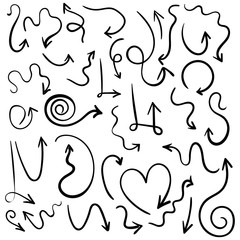 Doodle set of pencil drawing objects. Hand drawn abstract grunge arrows. Vector abstract arrows for design use