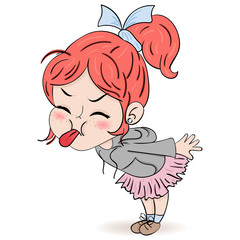 Hand drawn beautiful cute haired girl showing tongue. Cartoon character. Template for design cards, notebook, shop, poster. 