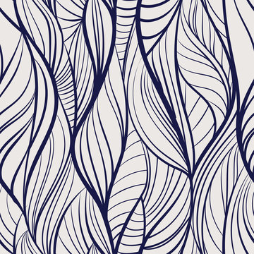 Abstract tangled leaves seamless pattern. Black and white wavy striped background. Endless backdrop. Vector illustration