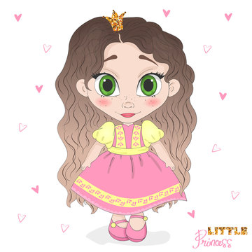 Hand drawn beautiful cute haired girl. Cartoon character. Template for design cards, notebook, shop, poster. The little princess.