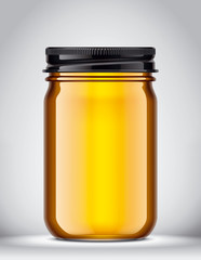Glass Jar with Honey on Background. 